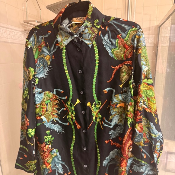 Hermes Black Printed Button Down Silk Blouse, Size 38, XL - Picture 1 of 5